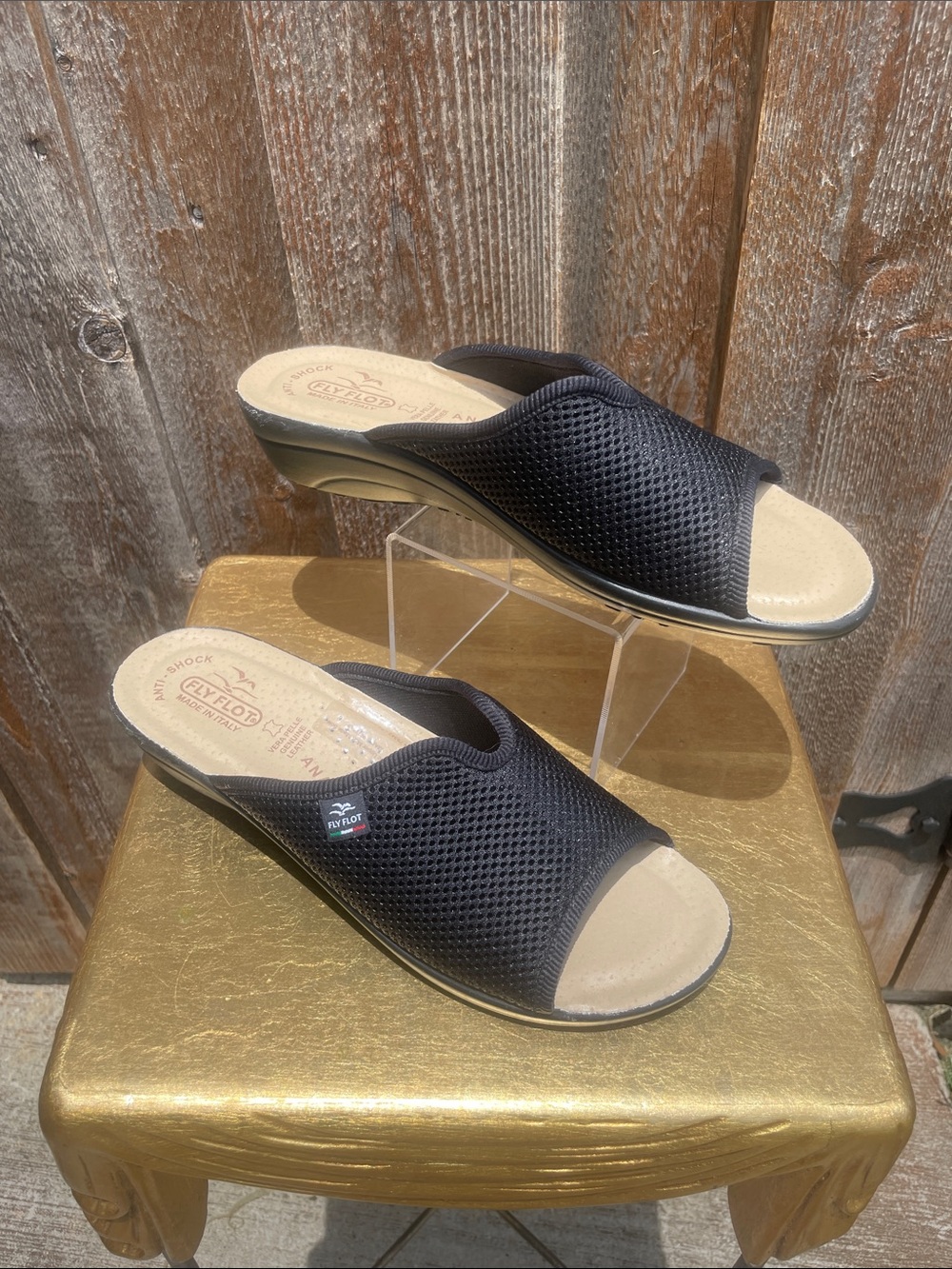 FLY FLOT Italian Women's Black Mesh Open-Toe Slide Sandals